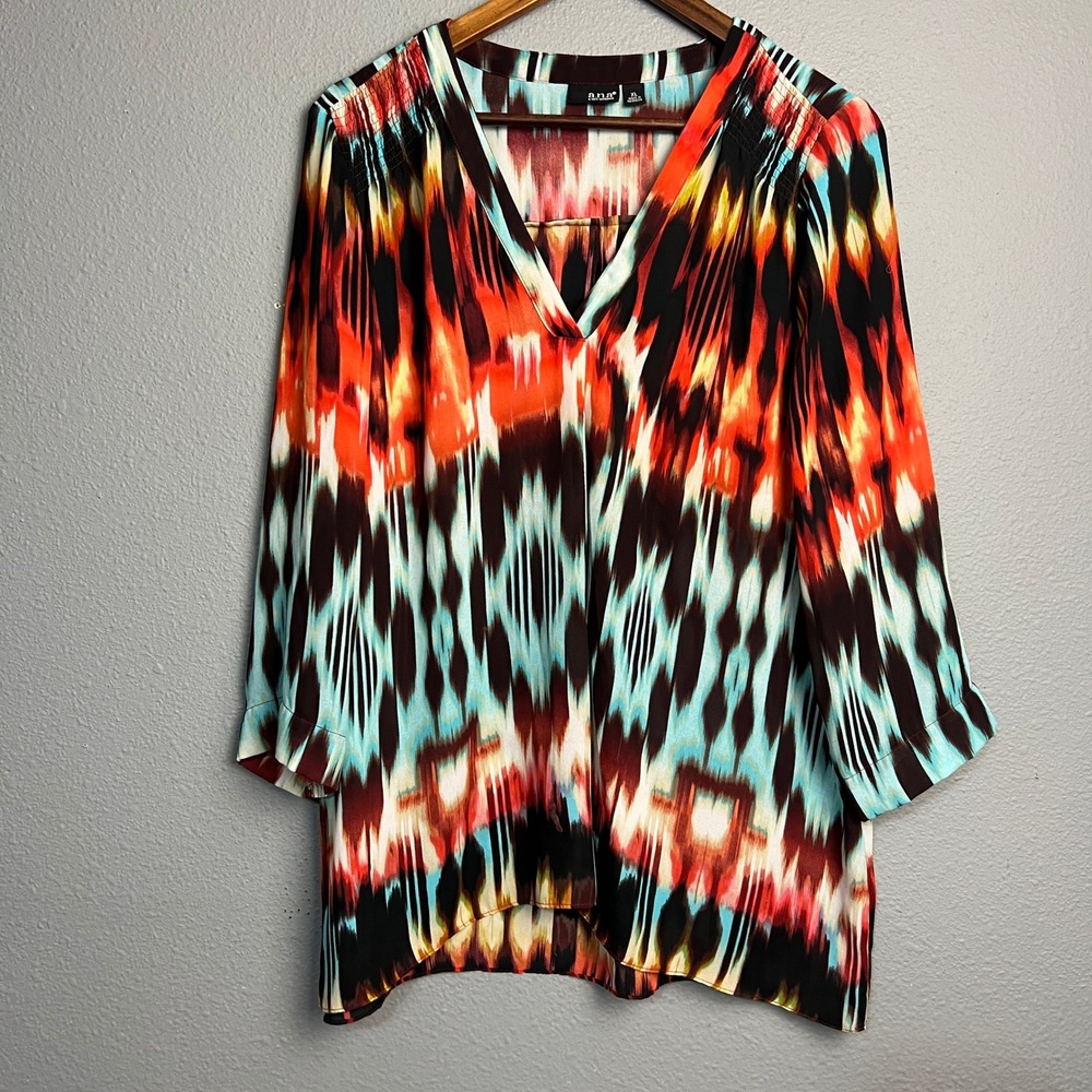 a.n.a XL Blouse Long Sleeve V Neck Multicolor Abstract Wearable Art Print Top